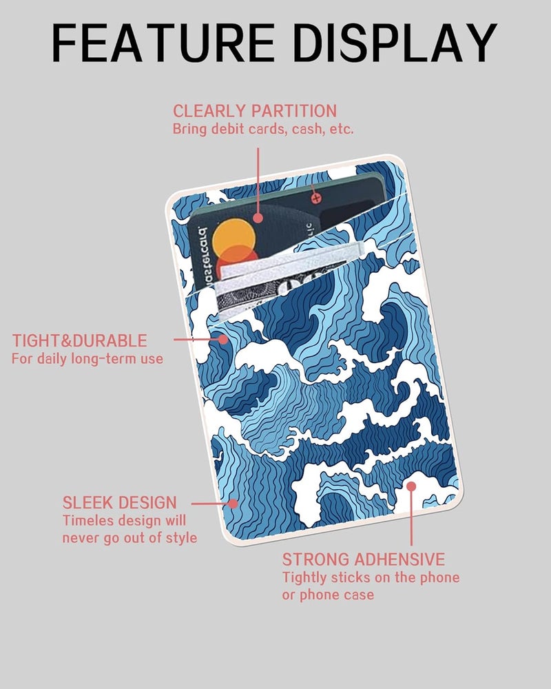 AOHRO Dual Pocket Leather Phone Wallet Adhesive Stick On, Cute Card Holder for Most Phone Cases - Blue Sea - Image 5